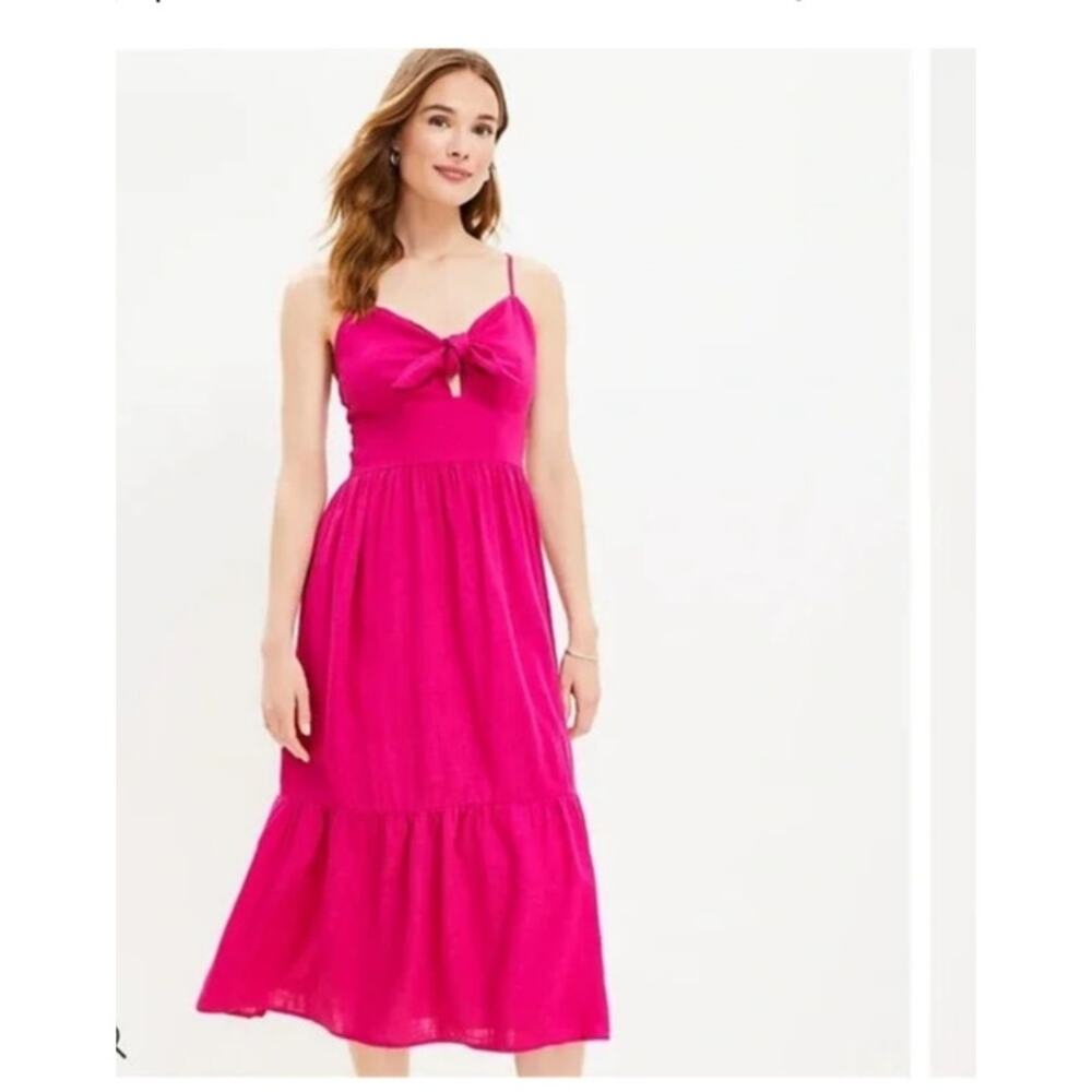 Loft Pink Sleeveless Midi Dress Size 2 Bow‎ Front Tiered Coquette Barbiecore
